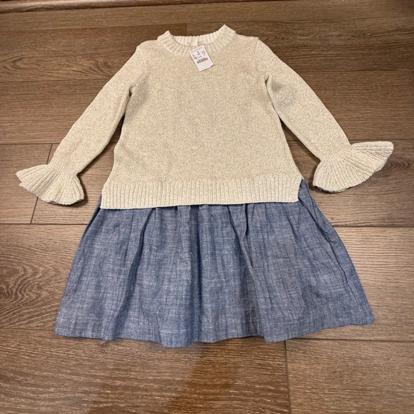 Crewcuts Other - Crewcuts Girls Sweater Chambray Dress Long Sleeve Gold Threading 6 NWT Ruffle